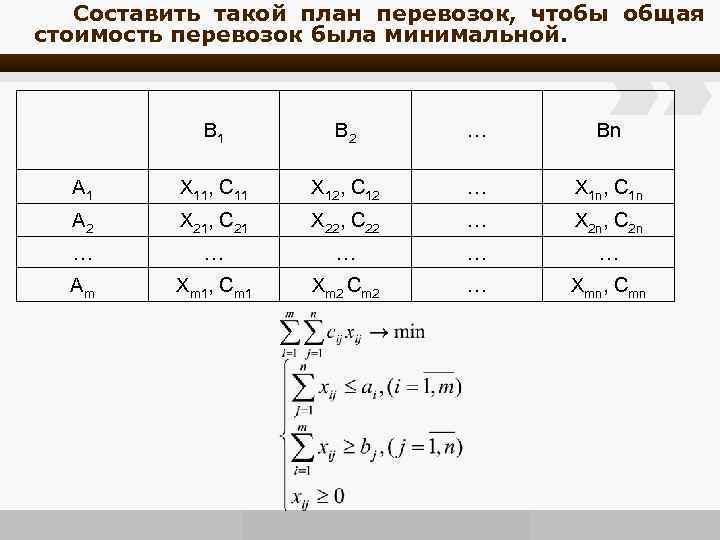 Cоставить такой план перевозок, чтобы общая стоимость перевозок была минимальной. B 1 B 2