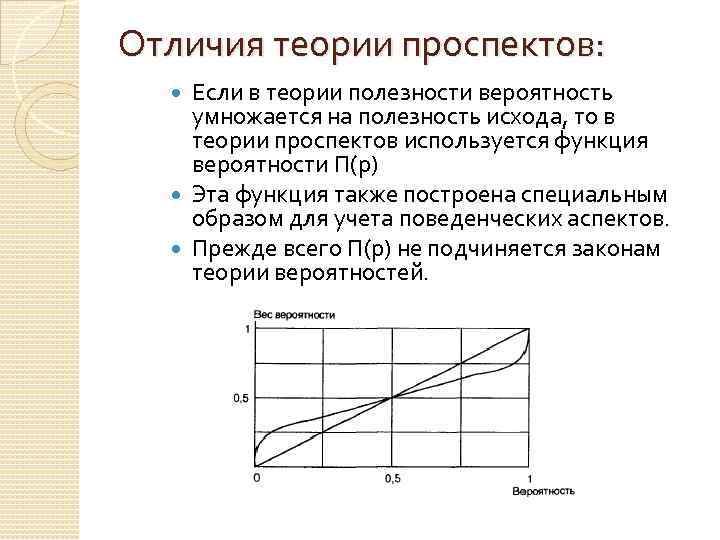 Отличия теории проспектов: Если в теории полезности вероятность умножается на полезность исхода, то в
