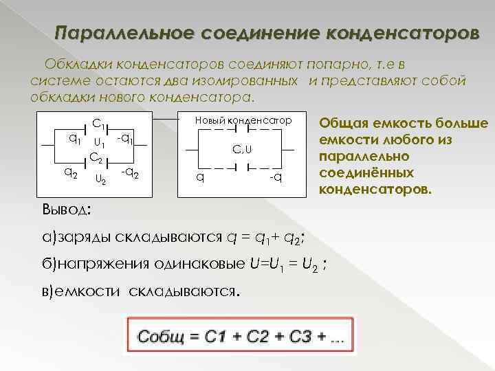 Параллельное соединение конденсаторов Обкладки конденсаторов соединяют попарно, т. е в системе остаются два изолированных