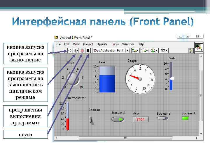 кнопка запуска программы на выполнение в циклическом режиме прекращения выполнения программы пауза 