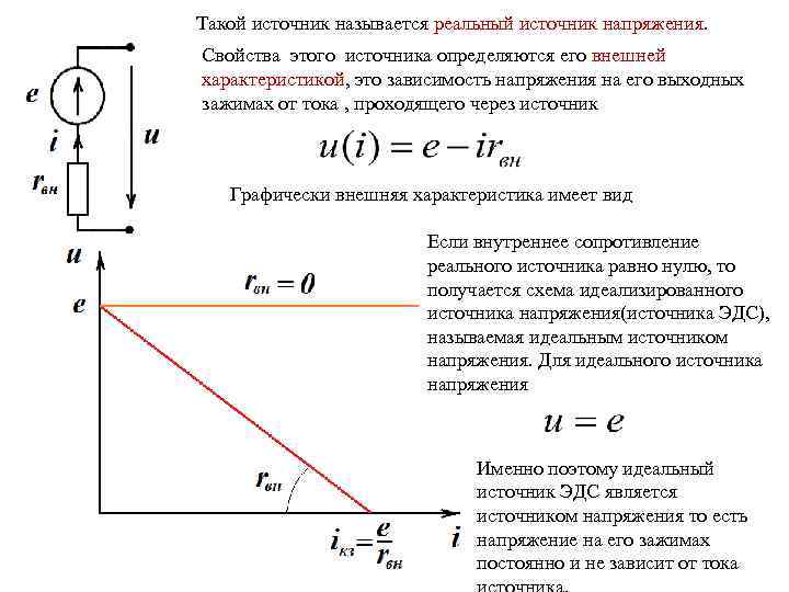 Такой источник называется реальный источник напряжения. Свойства этого источника определяются его внешней характеристикой, это