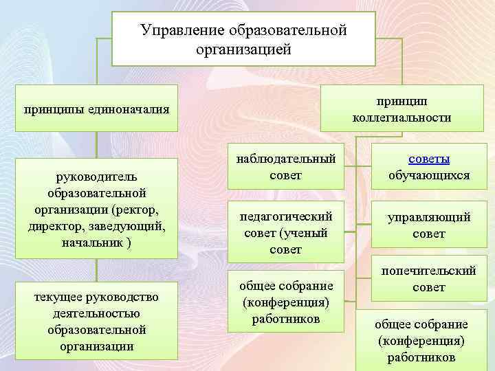 Управление образовательной организацией принцип коллегиальности принципы единоначалия руководитель образовательной организации (ректор, директор, заведующий, начальник