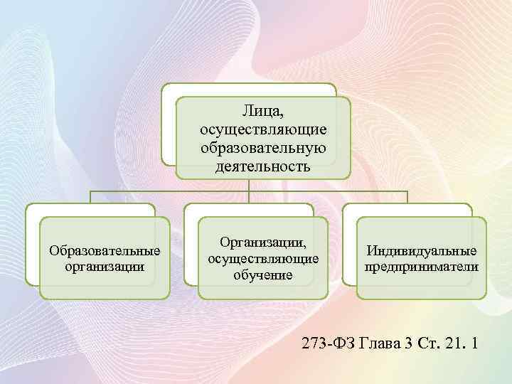 Лица, осуществляющие образовательную деятельность Образовательные организации Организации, осуществляющие обучение Индивидуальные предприниматели 273 -ФЗ Глава