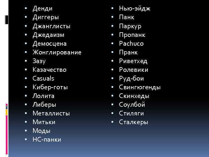  • • • • Денди Диггеры Джанглисты Джедаизм Демосцена Жонглирование Зазу Казачество Casuals