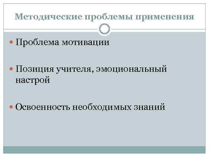 Методические проблемы применения Проблема мотивации Позиция учителя, эмоциональный настрой Освоенность необходимых знаний 