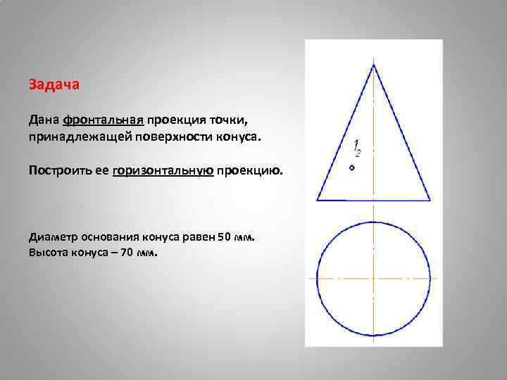 Задача Дана фронтальная проекция точки, принадлежащей поверхности конуса. Построить ее горизонтальную проекцию. Диаметр основания