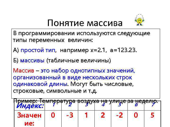 Понятие массива В программировании используются следующие типы переменных величин: А) простой тип, например x=2.