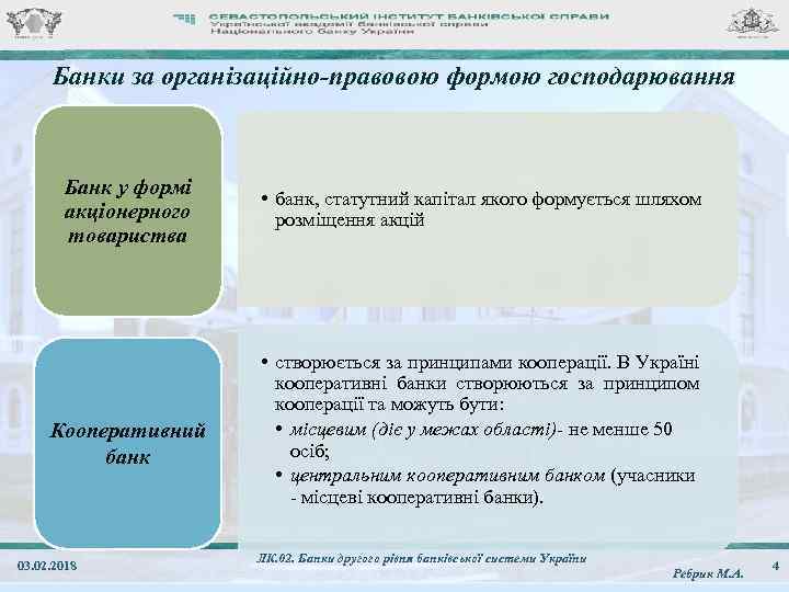 Банки за організаційно-правовою формою господарювання Банк у формі акціонерного товариства Кооперативний банк 03. 02.