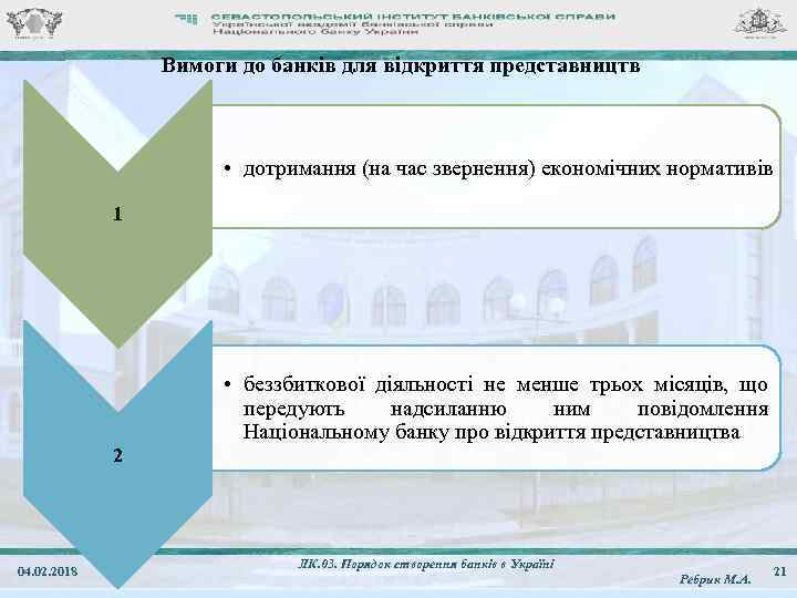 Вимоги до банків для відкриття представництв • дотримання (на час звернення) економічних нормативів 1