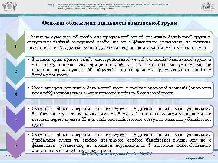 Основні обмеження діяльності банківської групи 1 2 3 4 5 04. 02. 2018 •