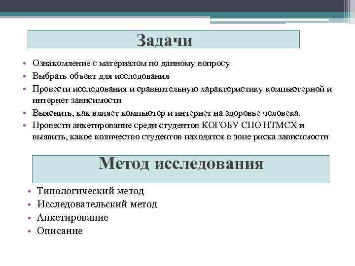 Задачи • Ознакомление с материалом по данному вопросу • Выбрать объект для исследования •