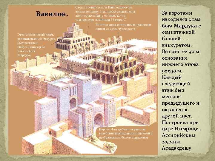 Вавилон. За воротами находился храм бога Мардука с семиэтажной башней — зиккуратом. Высота ее