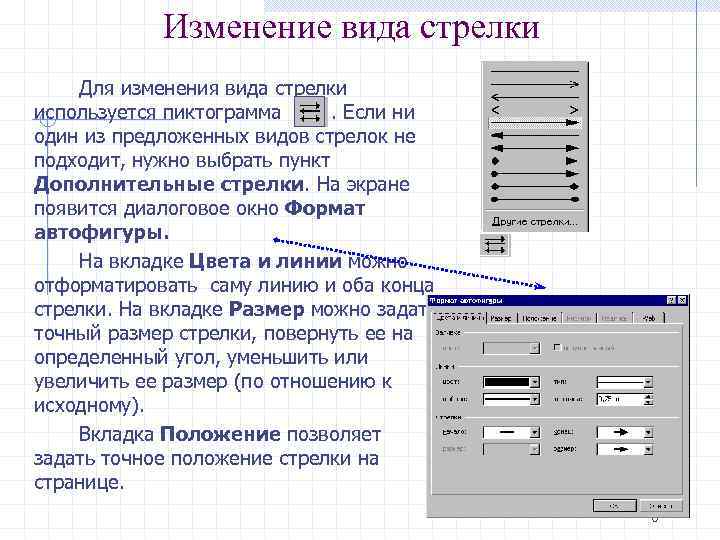 Изменение вида стрелки Для изменения вида стрелки используется пиктограмма. Если ни один из предложенных