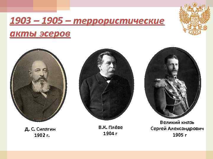 1903 – 1905 – террористические акты эсеров Д. С. Сипягин 1902 г. В. К.