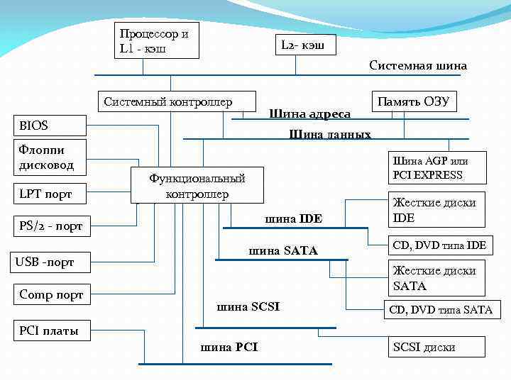 Процессор и L 1 - кэш L 2 - кэш Системная шина Системный контроллер