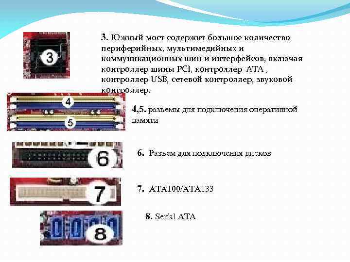 3. Южный мост содержит большое количество периферийных, мультимедийных и коммуникационных шин и интерфейсов, включая