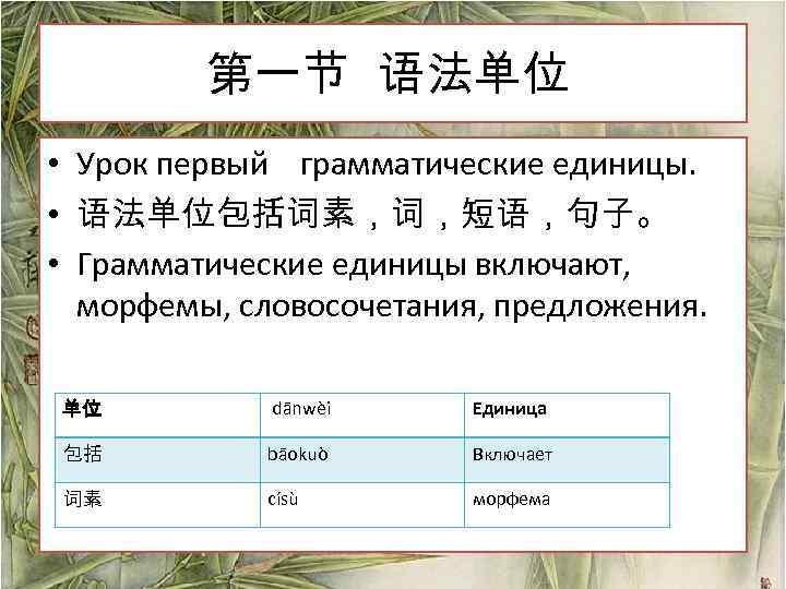 第一节 语法单位 • Урок первый грамматические единицы. • 语法单位包括词素，词，短语，句子。 • Грамматические единицы включают, морфемы,