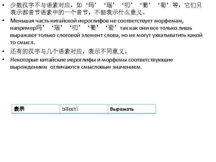  • 少数汉字不与语素对应，如‘玛’‘瑙’‘叨’‘葡’‘萄’等，它们只 表示都音节语素中的一个音节，不能表示什么意义。 • Меньшая часть китайской иероглифов не соответствует морфемам, например玛’‘瑙’‘叨’‘葡’‘萄’так как