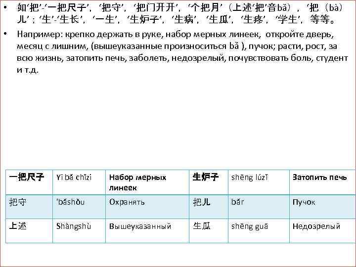  • 如‘把’-‘一把尺子’，‘把守’，‘把门开开’，‘个把月’（上述‘把’音bǎ），‘把（bà） 儿’；‘生’-‘生长 ’，‘一生’，‘生炉子’，‘生病’，‘生瓜’，‘生疼’，‘学生’，等等。 • Например: крепко держать в руке, набор мерных линеек,