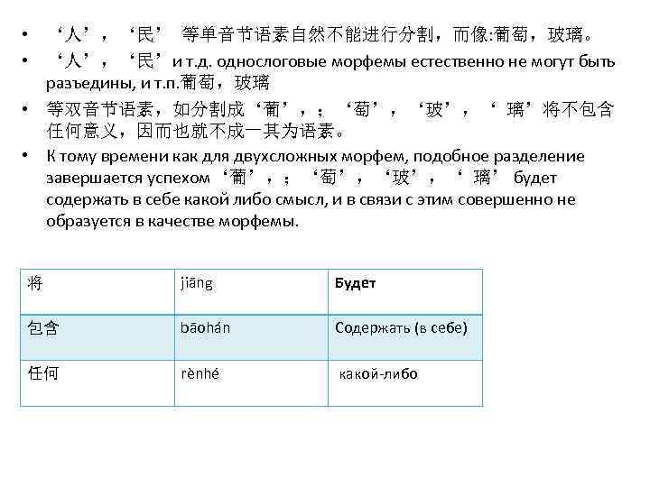  • ‘人’，‘民’ 等单音节语素自然不能进行分割，而像: 葡萄，玻璃。 • ‘人’，‘民’и т. д. однослоговые морфемы естественно не могут
