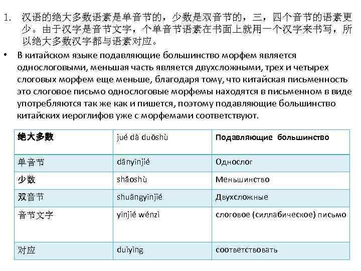 1. 汉语的绝大多数语素是单音节的，少数是双音节的，三，四个音节的语素更 少。由于汉字是音节文字，个单音节语素在书面上就用一个汉字来书写，所 以绝大多数汉字都与语素对应。 • В китайском языке подавляющие большинство морфем является однослоговыми, меньшая