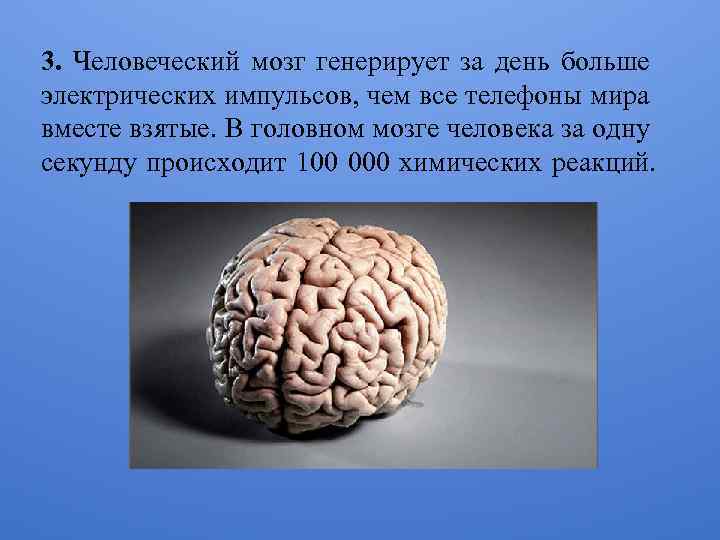 3. Человеческий мозг генерирует за день больше электрических импульсов, чем все телефоны мира вместе