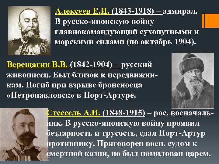 Алексеев Е. И. (1843 -1918) – адмирал. Алексеев Е. И. В русско-японскую войну главнокомандующий