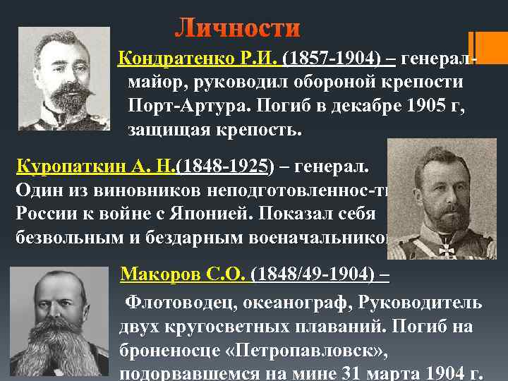  Личности Кондратенко Р. И. (1857 -1904) – генералмайор, руководил обороной крепости Порт-Артура. Погиб