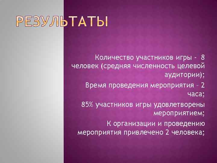 Количество участников игры - 8 человек (средняя численность целевой аудитории); Время проведения мероприятия –