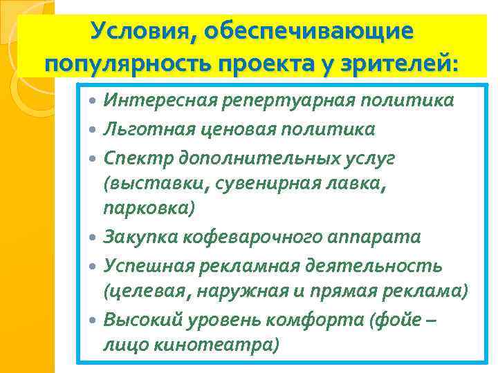 Условия, обеспечивающие популярность проекта у зрителей: Интересная репертуарная политика Льготная ценовая политика Спектр дополнительных
