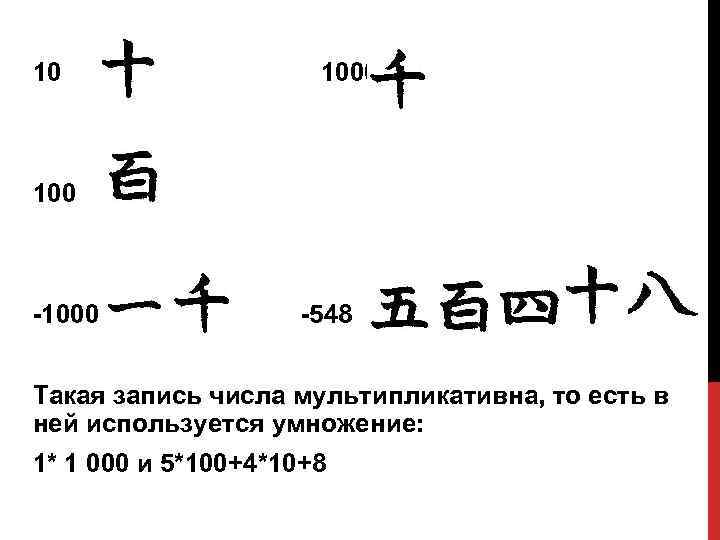 10 100 -1000 -548 Такая запись числа мультипликативна, то есть в ней используется умножение: