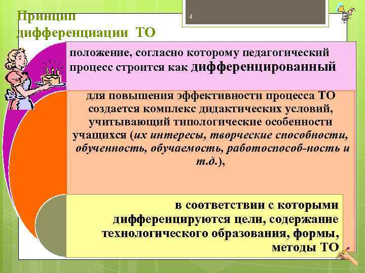 Принцип дифференциации ТО 4 положение, согласно которому педагогический процесс строится как дифференцированный для повышения