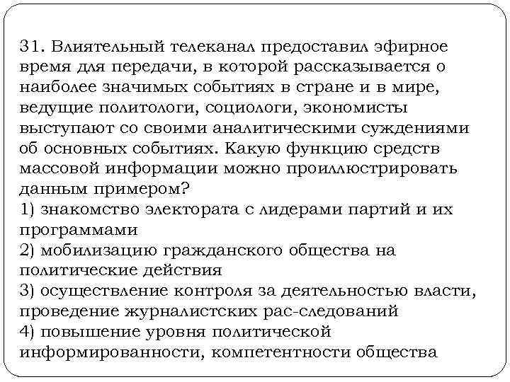  31. Влиятельный телеканал предоставил эфирное время для передачи, в которой рассказывается о наиболее