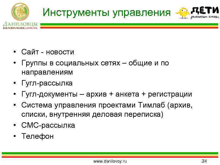 Инструменты управления • Сайт - новости • Группы в социальных сетях – общие и