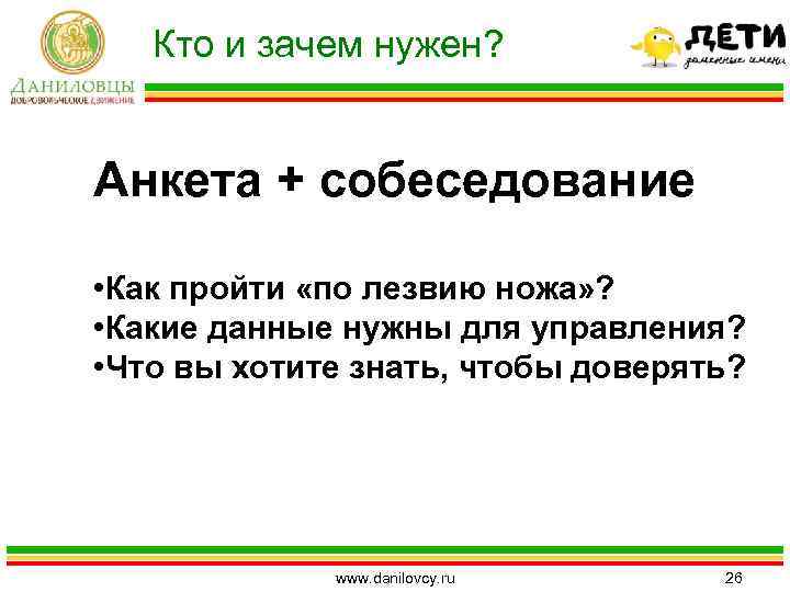 Кто и зачем нужен? Анкета + собеседование • Как пройти «по лезвию ножа» ?