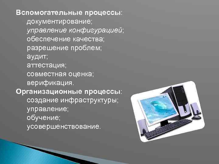 Вспомогательные процессы: документирование; управление конфигурацией; обеспечение качества; разрешение проблем; аудит; аттестация; совместная оценка; верификация.