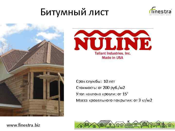 Битумный лист Срок службы: 10 лет Стоимость: от 200 руб. /м 2 Угол наклона