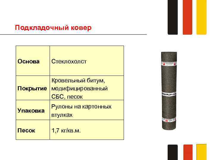 Подкладочный ковер Основа Стеклохолст Кровельный битум, Покрытие модифицированный СБС, песок Упаковка Рулоны на картонных