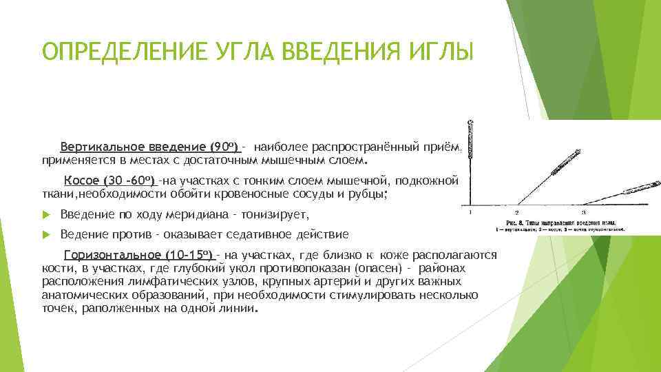 ОПРЕДЕЛЕНИЕ УГЛА ВВЕДЕНИЯ ИГЛЫ Вертикальное введение (90 о) – наиболее распространённый приём, применяется в