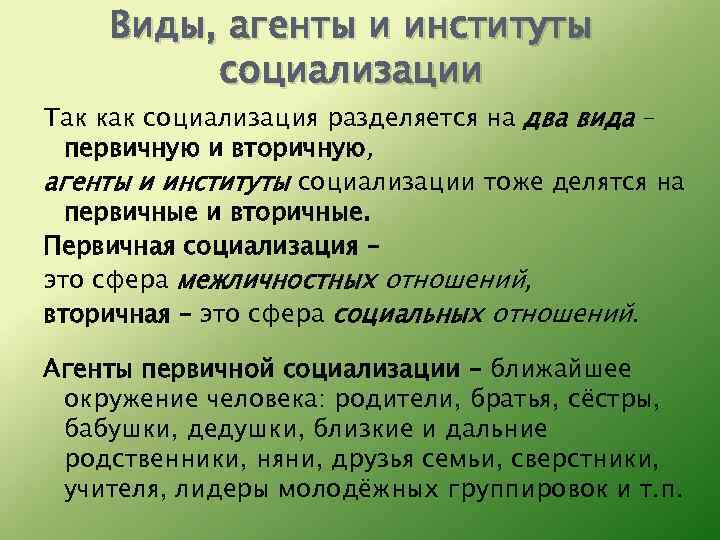 Виды, агенты и институты социализации Так как социализация разделяется на два вида – первичную