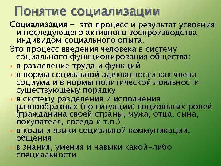 Понятие социализации Социализация - это процесс и результат усвоения и последующего активного воспроизводства индивидом