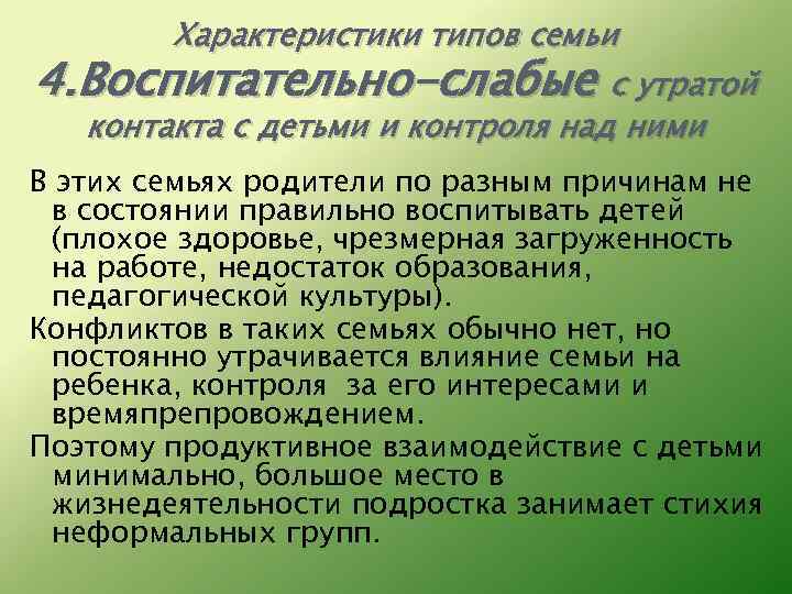 Характеристики типов семьи 4. Воспитательно-слабые с утратой контакта с детьми и контроля над ними