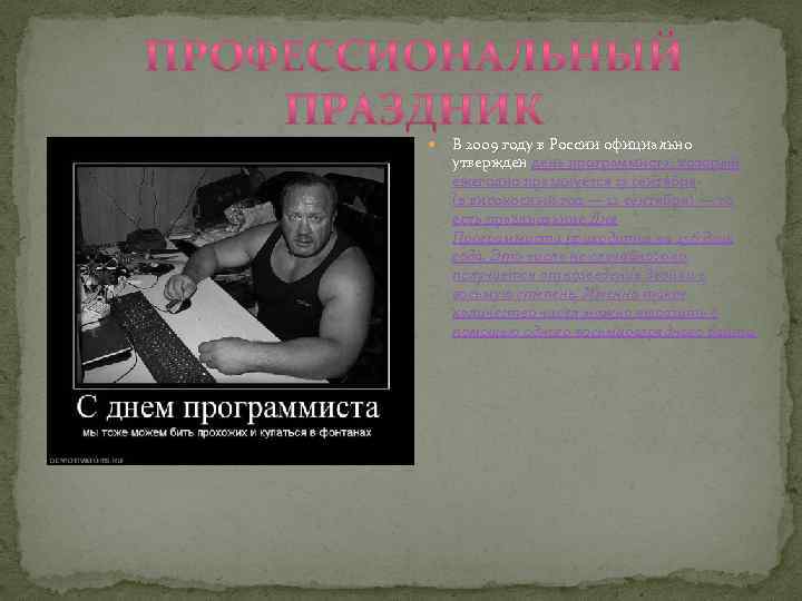  В 2009 году в России официально утвержден день программиста, который ежегодно празднуется 13