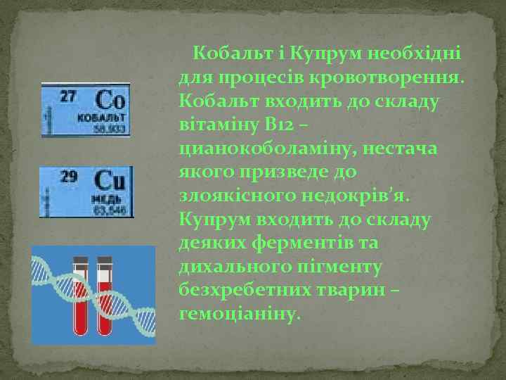 Кобальт і Купрум необхідні для процесів кровотворення. Кобальт входить до складу вітаміну В 12