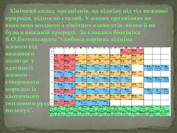 Хімічний склад організмів, на відміну від тіл неживої природи, відносно сталий. У живих організмах