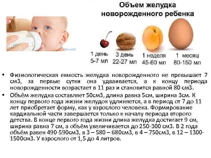  • Физиологическая емкость желудка новорожденного не превышает 7 см 3, за первые сутки
