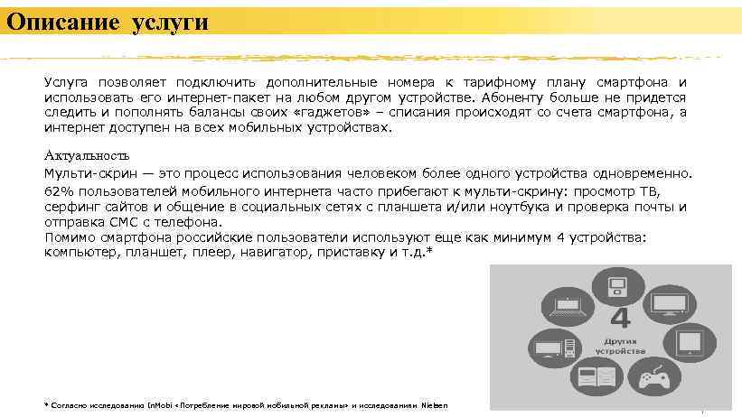 Описание услуги Услуга позволяет подключить дополнительные номера к тарифному плану смартфона и использовать его