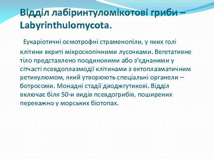 Відділ лабіринтуломікотові гриби – Labyrinthulomycota. Еукаріотичні осмотрофні страменопіли, у яких голі клітини вкриті мікроскопічними