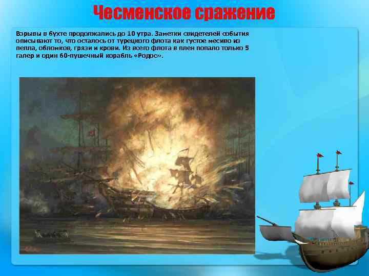 Чесменское сражение Взрывы в бухте продолжались до 10 утра. Заметки свидетелей события описывают то,