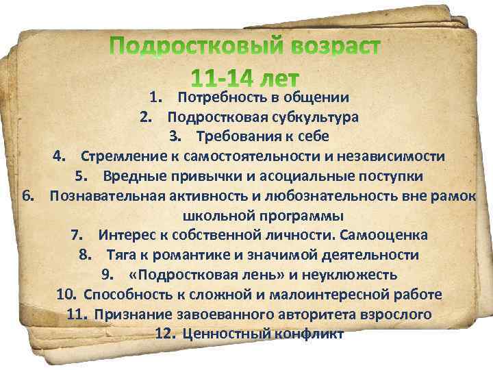 1. Потребность в общении 2. Подростковая субкультура 3. Требования к себе 4. Стремление к